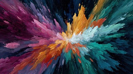 Vibrant explosion of multicolored paint strokes radiating outwards from a central point against a dark background