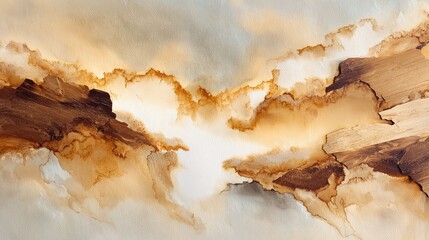Abstract organic textured background with brown and beige watercolor washes and layered paper elements