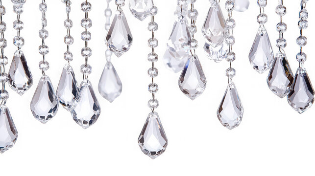 Close up of hanging crystal chandelier pendants on strings against a black background studio shot