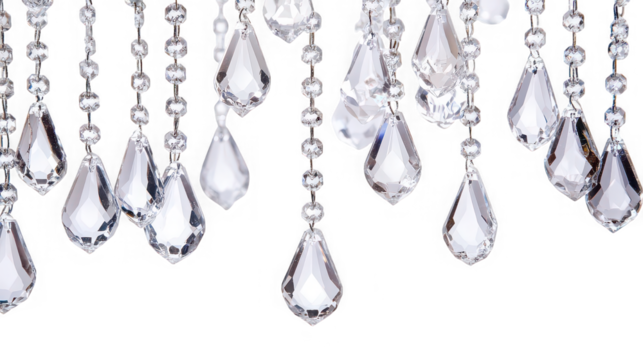 Close up of hanging crystal chandelier pendants on strings against a black background studio shot