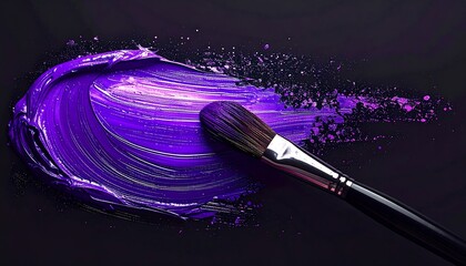 Purple paint streak with artist brush on a dark reflective surface