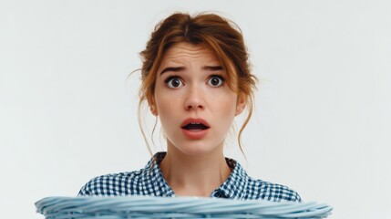 Shocked Expression of Young Woman Holding Laundry Basket Against White Background