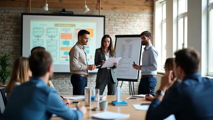 A professional business team engaged in a dynamic mission alignment workshop, using flip charts and tools for effective project management, with ample copy space.