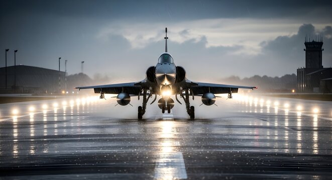 Mirage 2000 Fighter Jet on a Wet Runway at Night with Bright Headlights, Ready for Action - Powered by Adobe