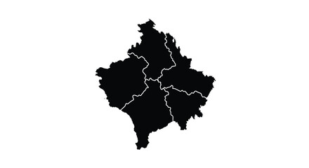 Detailed political map of Kosovo, showcasing its administrative districts in a silhouette style, isolated on a white background.