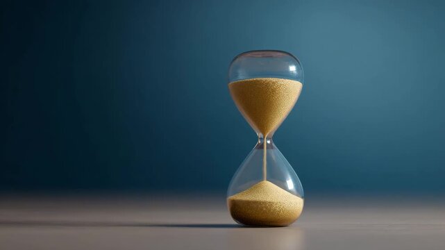 Hourglass with golden sand on wooden surface and blue background, symbolizing time, patience, waiting, minimal style, countdown, deadline, classic measurement, calm and contemplative mood