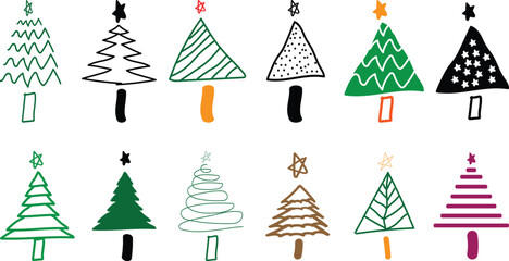 Hand Drawn Christmas Tree Set Vector Illustration. Collection of decorated Christmas trees for holiday celebration. 