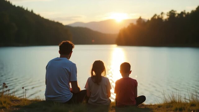 An inspiring dad sharing wisdom with his children by a serene lake. The composition highlights nature and offers copy space for quotes or messages about parenting.