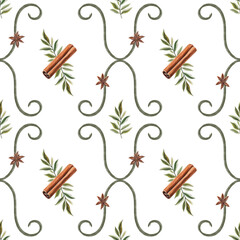 Seamless watercolor Christmas pattern with oranges, cinnamon, greenery, and spices. Festive citrus Christmas background.