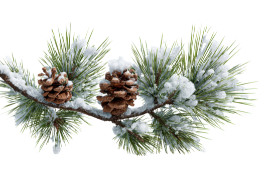 Winter's Embrace: A delicate pine branch, dusted with fresh snow, displays two perfect pine cones, a serene symbol of winter's beauty and nature's quiet elegance.
