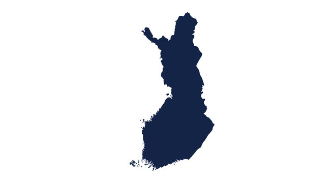 A detailed dark blue silhouette map of the country of Finland, highlighting its geographical outline on a clean white background.