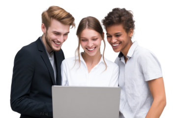 Collaborative Delight: A group of colleagues, united by laughter and enthusiasm, huddle around a laptop, engaged in a project of shared interest, fostering a sense of camaraderie and creative spark.