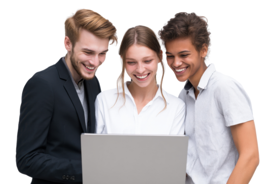 Collaborative Delight: A group of colleagues, united by laughter and enthusiasm, huddle around a laptop, engaged in a project of shared interest, fostering a sense of camaraderie and creative spark.