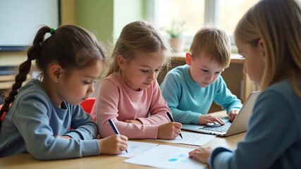 Children collaborating on digital worksheets while using laptops in a bright classroom setting, strategically composed to emphasize teamwork and learning. - Powered by Adobe