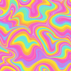 Fototapeta premium Abstract colorful random circles seamless pattern on white background, Multi colored squiggles with circles seamless pattern. Brush drawn bold curved lines, waves and swirls. Generative ai