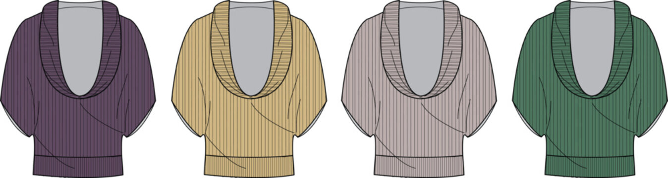 Fashion technical flat sketch of a women's cowl neck dolman sleeve sweater shown in a set of four different colorways as an apparel design template