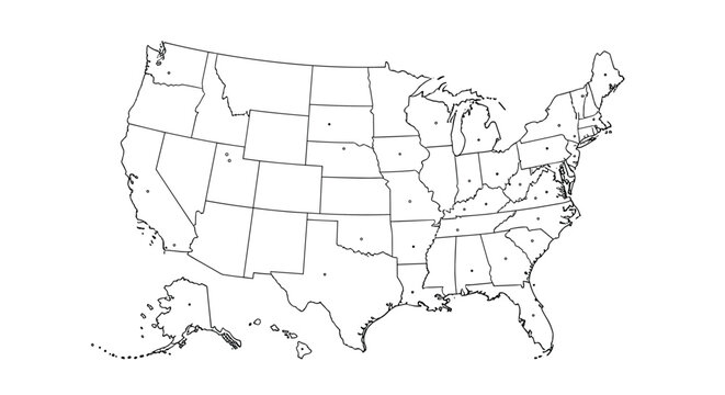Black and white outline map of the United States of America, showing all state borders and capital city locations.
