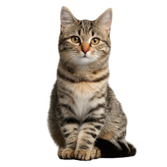 Fototapeta premium Regal Gaze: A captivating portrait of a domestic cat, its striped coat and piercing eyes convey an air of feline poise and quiet curiosity.