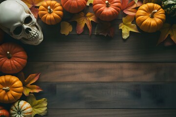 Halloween border with pumpkins skull and autumn leaves on wood