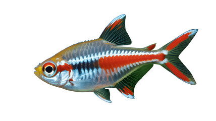 Naklejka premium Vibrant neon tetra fish with striking red and blue iridescent markings against a dark background