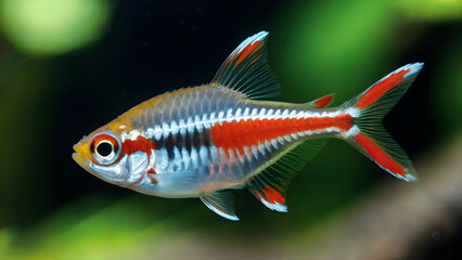Vibrant harlequin rasbora fish with striking red and blue iridescent markings swimming in aquarium