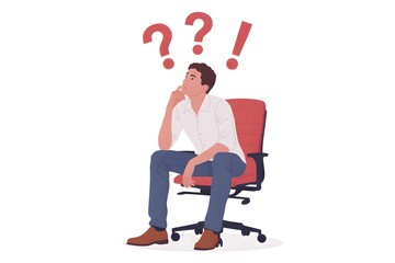 Man sitting in chair thinking with question marks above