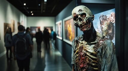 A striking zombie exhibit captivating visitors in a dimly lit contemporary art gallery, blending horror aesthetics with modern cultural display