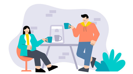 Business People Enjoying Coffee Break in Office Flat Vector Illustration