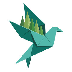 Naklejka premium An origami bird carrying green trees, a symbol of nature and peace. The bird has folded wings and represents a peaceful state