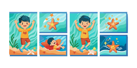 Fototapeta premium A group of four pictures boy and starfish background design composition depth frame creative elements gesture motion cartoonish backgrounds movement expression illustration layers emotion See Less