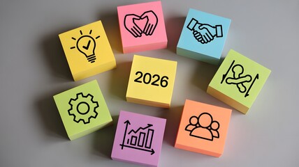 Sticky notes with 2026 and business icons