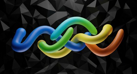 Abstract colorful interlocking loops on a dark geometric background
