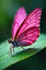 Fototapeta premium Close up of Dew Kissed Pink Butterfly Wings on a Vibrant Green Leaf Extreme close up of the detailed texture and patterns of pink butterfly wings, adorned with tiny, sparkling dew drops. The wings are