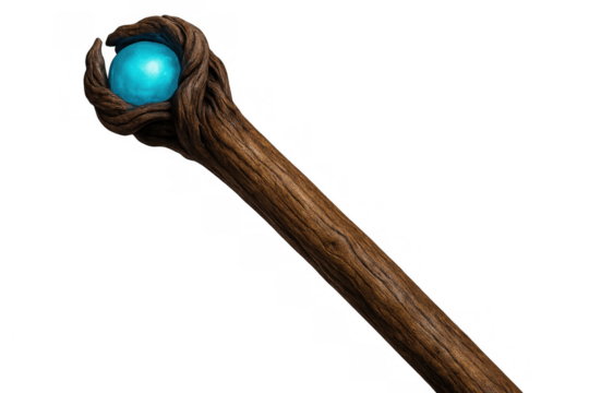 Wizard staff with a glowing blue orb, representing magic, sorcery, and fantasy concepts on a transparent background