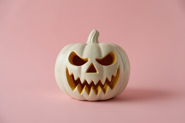 White jack o lantern with scary face on pink background