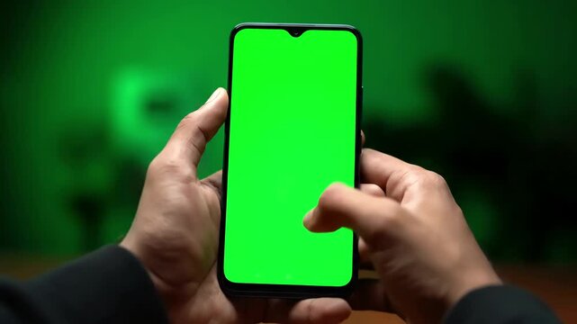 Green Screen man using smartphone in vertical mode with mock up doing swiping scrolling gestures guy mobile phone internet social networks browsing news financial reports point of view camera scene 2