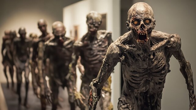 Terrifying Zombie Horde Sculptures with Glowing Eyes in Formation