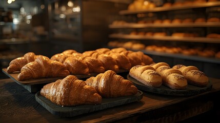 Freshly baked croissants and bread rolls on wooden trays, with shelves of more baked goods in the background