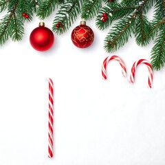 Festive arrangement ornaments, candy canes, and evergreen boughs