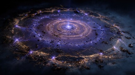 Protoplanetary disk with glowing organic molecules resembling cosmic constellations.
