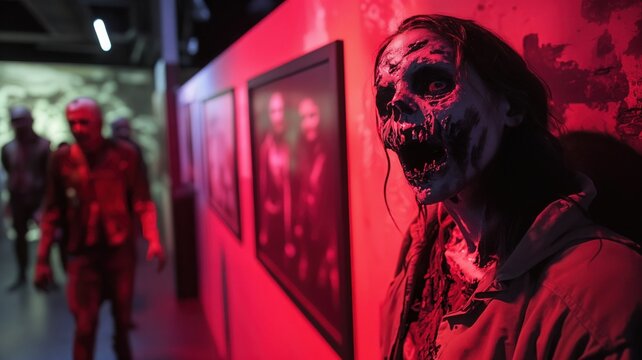 Horrifying close-up of an undead zombie creature with a gaping mouth in a dark, red-lit corridor of a haunted attraction