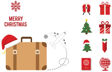 Winter Holiday Travel Concept with Luggage, Airplane, and Festive Elements Vector Set
