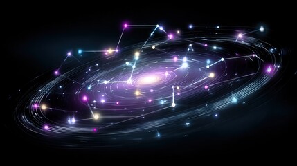 Protoplanetary disk with glowing organic molecules resembling cosmic constellations.
