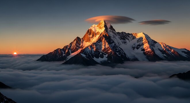 Majestic mountain peaks bathed in golden sunset light over serene water