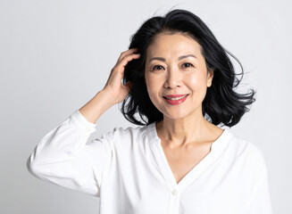 笑顔で髪を触る中年女性