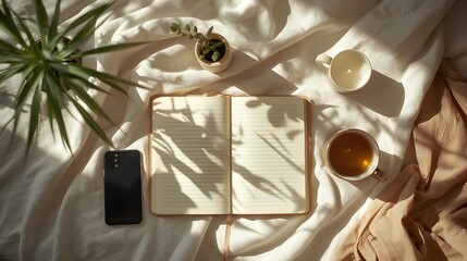 A serene morning still life with an open journal for writing, a cup of tea, and a phone, cast in soft sunlight with plant shadows