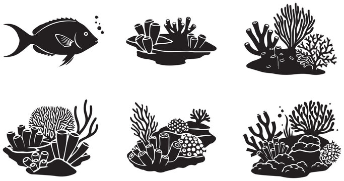 A collection of monochrome silhouette icons depicting coral reef ecosystems and a tropical fish for underwater marine design 