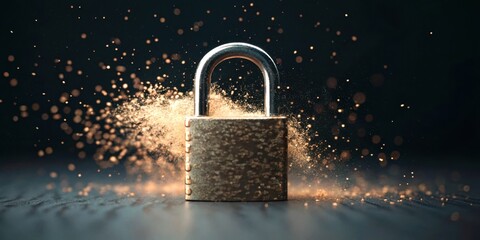 Cyber scammer hacker protection. Lock with sparkling particles against a dark background.