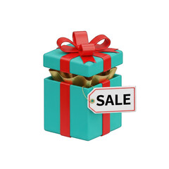 Teal gift box with red ribbon and sale tag for promotion on white background