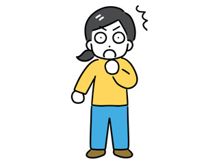 目を丸くして驚く全身姿の正面を向いた私服の若い女性